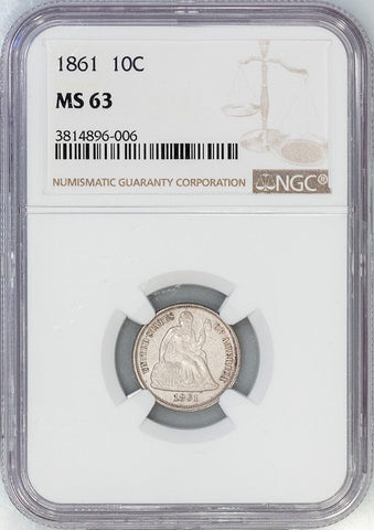 1861 Seated Liberty Dime - NGC MS 63 - Choice Brilliant Uncirculated