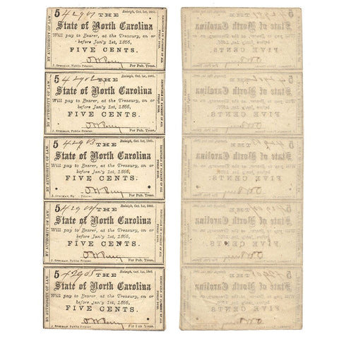 One Sheet of Four 1861 State of North Carolina 5¢ Notes Cr. 48 - Very Fine