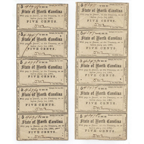 Two Sheets of Four 1861 State of North Carolina 5¢ Notes Cr. 48 - Extremely Fine