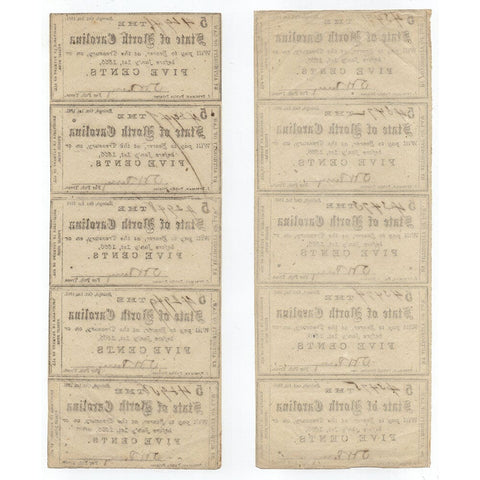 Two Sheets of Four 1861 State of North Carolina 5¢ Notes Cr. 48 - Extremely Fine