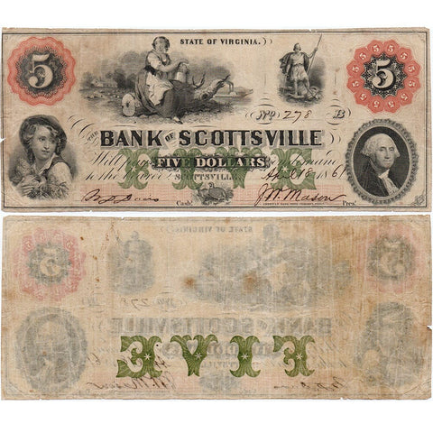Rare 1861 $5 Bank of Scottsville, VA Obsolete Bank Note - Fine (11-12 Known Notes)
