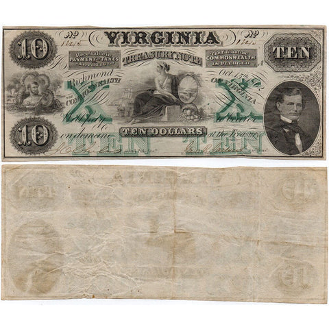 1862 $10 Virginia Treasury Note Cr. 8 - Very Fine