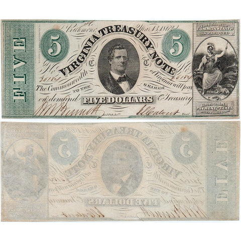 1862 $5 Virginia Treasury Note Cr. 15 - About Uncirculated