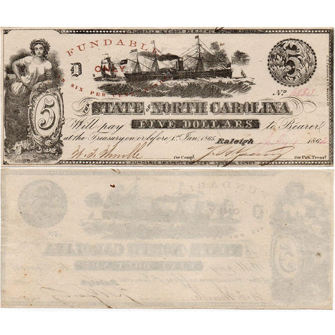 1862 $5 State of North Carolina Note Cr. 87 - Choice About Uncirculated+