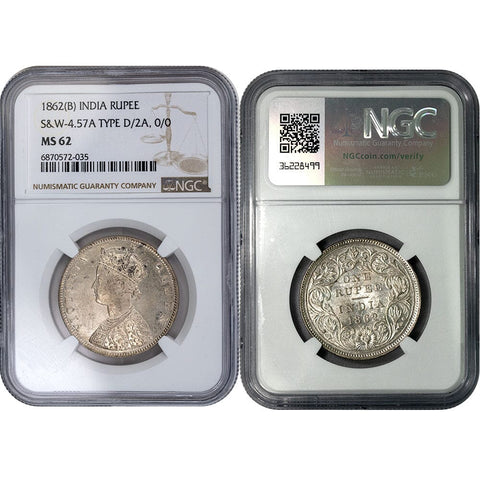 1862(B) India Rupee S&W-4.57A Type D/2A, 0/0 - NGC MS 62 - Choice Uncirculated