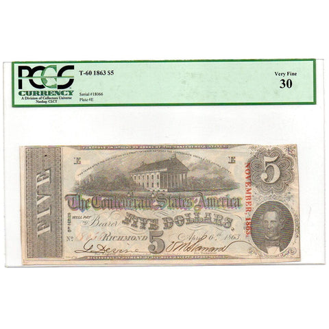 T-60 April 6th 1863 $5 Confederate States of America Note - PCGS VF 30