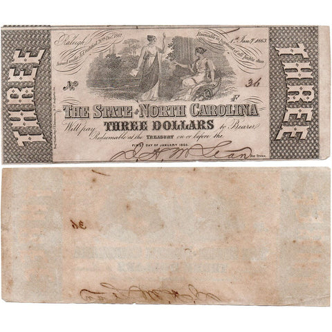 1863 $3 State of North Carolina Note - Cr. 125 - Very Fine+