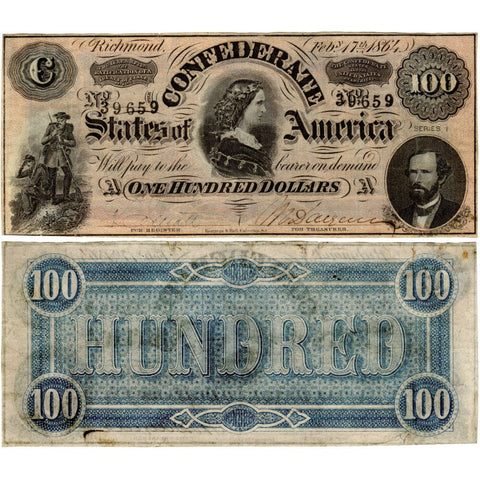T-65 Feb. 17 1864 'Lucy Pickens' $100 CSA Note ~ About Uncirculated