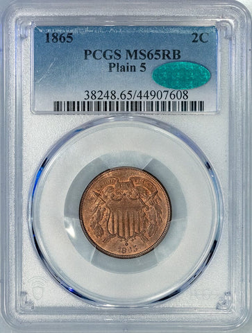 1865 Plain 5 Two Cent Piece - PCGS MS 65 RB CAC - Gem Red & Brown