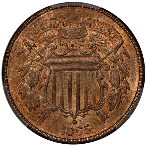 1865 Plain 5 Two Cent Piece - PCGS MS 65 RB CAC - Gem Red & Brown