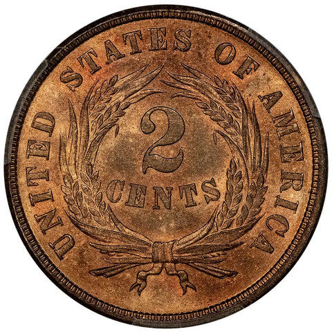 1865 Plain 5 Two Cent Piece - PCGS MS 65 RB CAC - Gem Red & Brown