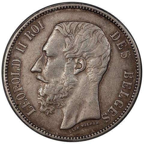 Scarce 1865 Belgium Silver 5 Francs Leopold II KM.24 - Very Fine+