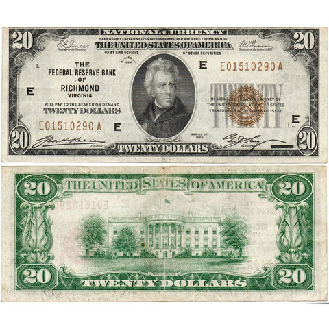 1929 $20 Federal Reserve National Bank Note, Richmond Fr. 1870-E - Very Fine