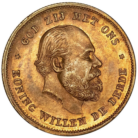 1875 Netherlands William III 10 Gulden Gold Coin  KM. 105 - About Uncirculated