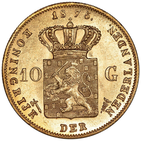 1875 Netherlands William III 10 Gulden Gold Coin  KM. 105 - About Uncirculated