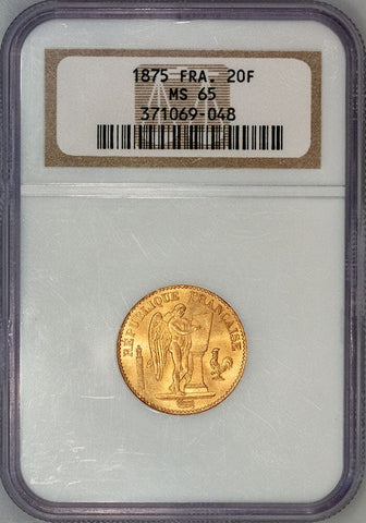 1875-A French Gold 20 Franc Angel KM.825 - NGC MS 65 - Gem Uncirculated