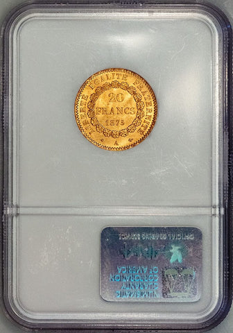 1875-A French Gold 20 Franc Angel KM.825 - NGC MS 65 - Gem Uncirculated
