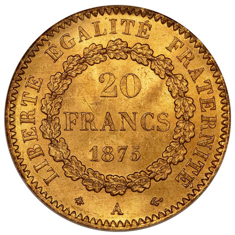 1875-A French Gold 20 Franc Angel KM.825 - NGC MS 65 - Gem Uncirculated