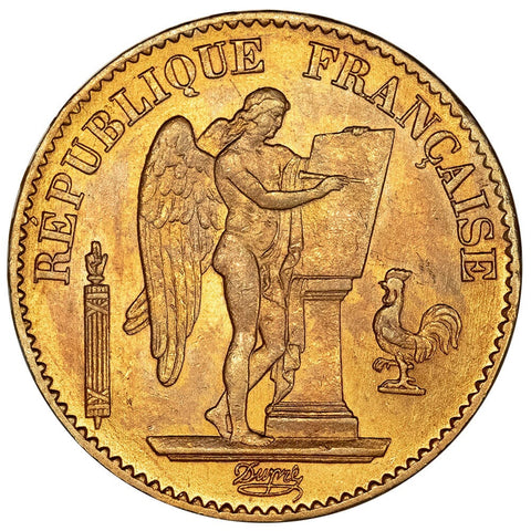 1876-A French Gold 20 Franc Angel KM.825 - About Uncirculated