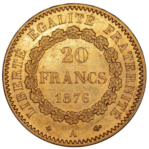 1876-A French Gold 20 Franc Angel KM.825 - About Uncirculated