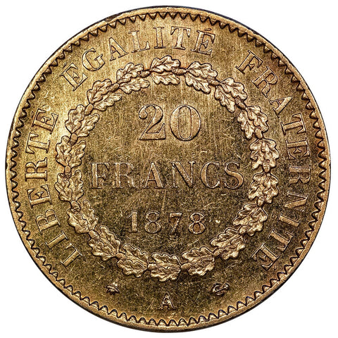 1878-A French Gold 20 Franc Angel KM.825 - Brilliant Uncirculated
