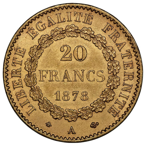 1878-A French Gold 20 Franc Angel KM.825 - About Uncirculated