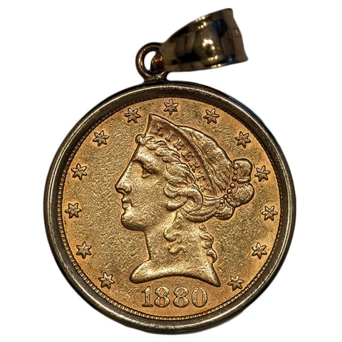 1880 $5 Liberty Head Gold Coin in 14k Gold Bezel - About Uncirculated Detail (Jewelry)