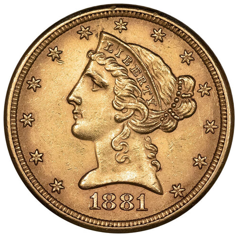 1881 $5 Liberty Head Gold Coin - About Uncirculated