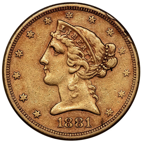 1881-S $5 Liberty Head Gold Coin - Extremely Fine Details