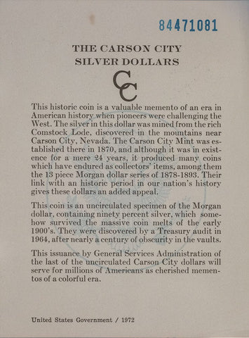 1884-CC Morgan Dollar - Carson City GSA - Choice Brilliant Uncirculated w/ Box & CoA