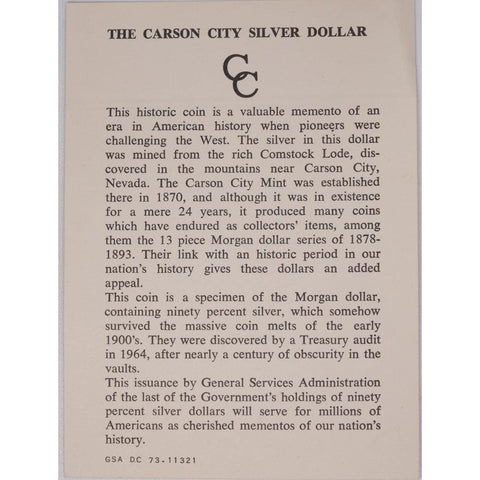 1884-CC Morgan Dollar - Carson City GSA - Brilliant Uncirculated w/ Box & CoA