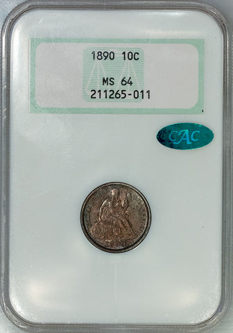 1890 Seated Liberty Dime - NGC MS 64 CAC - Choice Uncirculated, 'Fatty' Slab