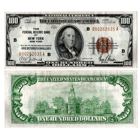 1929 $100 Federal Reserve National Bank Note, New York Fr. 1890-B - Very Fine