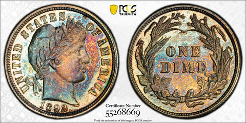Proof 1892 Barber Dime - PCGS PR 65 - Pretty, Toned, Gem Proof