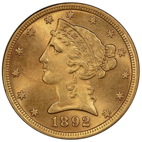 1892 $5 Liberty Head Gold Coin - Brilliant Uncirculated