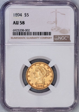 1895 $5 Liberty Head Gold Coin - NGC AU 58 - Choice About Uncirculated