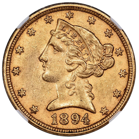 1894 $5 Liberty Head Gold Coin - NGC AU 58 - Choice About Uncirculated