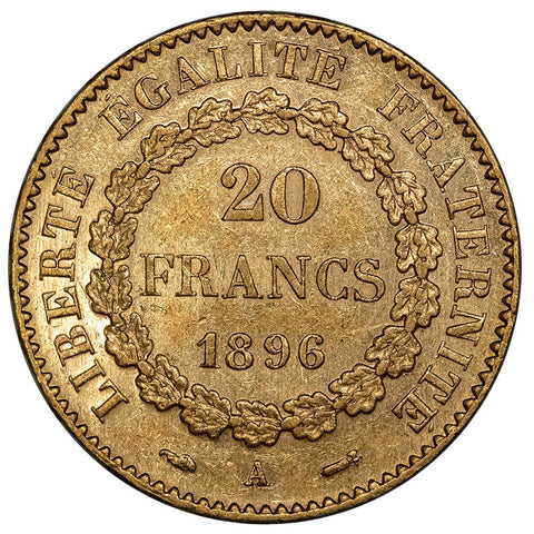 1896-A French Gold 20 Franc Angel KM.825 - About Uncirculated