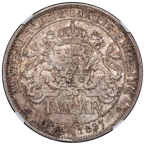 1897-EB Sweden Silver 2 Kronor KM.762 Silver Jubilee - NGC MS 61