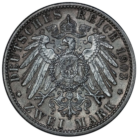 1903-F German States, Wurttemberg Silver 2 Mark KM.631 - About Uncirculated