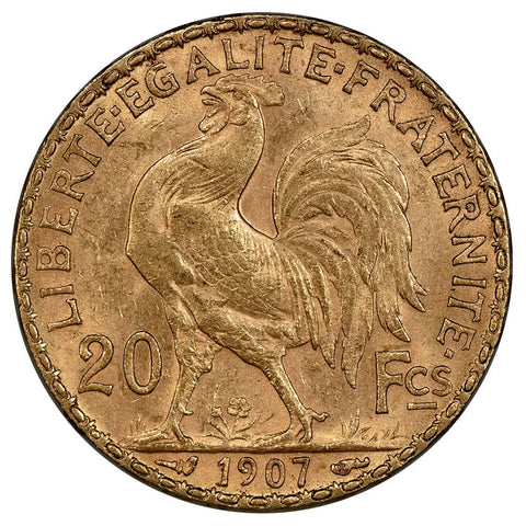 1907 French Gold 20 Franc Rooster KM.857 - About Uncirculated