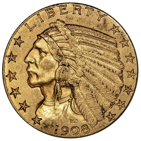 1908 $5 Indian Half Eagle Gold Coin - About Uncirculated