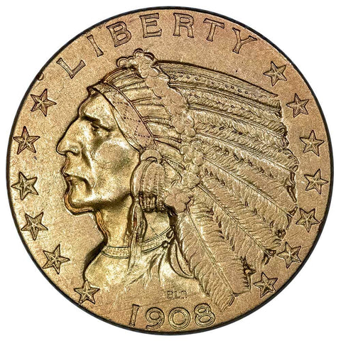 1908 $5 Indian Half Eagle Gold Coin - Extremely Fine