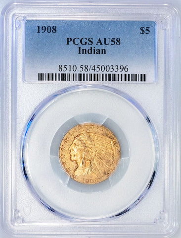 1908 $5 Indian Half Eagle Gold Coin - PCGS AU 58 - Choice About Uncirculated