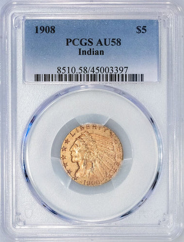1908 $5 Indian Half Eagle Gold Coin - PCGS AU 58 - Choice About Uncirculated