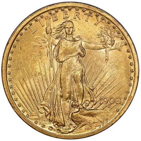 1908 No Motto $20 Saint Gaudens Double Eagle Gold Coin - About Uncirculated