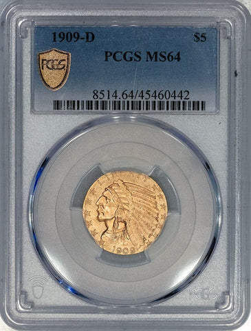 1909-D $5 Indian Half Eagle Gold Coin - PCGS MS 64 - Choice Uncirculated