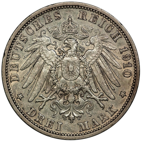 1910-G German States, Baden Silver 3 Marks KM.280 - Very Fine