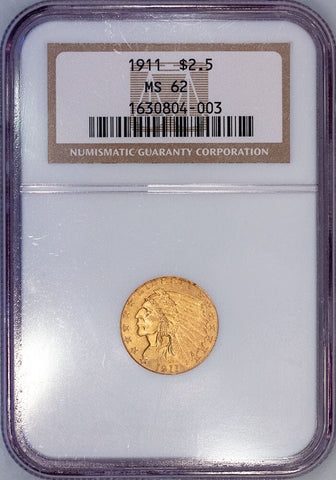 1911 $2.5 Indian Quarter Eagle Gold Coin - NGC MS 62