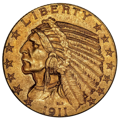 1911 $5 Indian Half Eagle Gold Coin - About Uncirculated